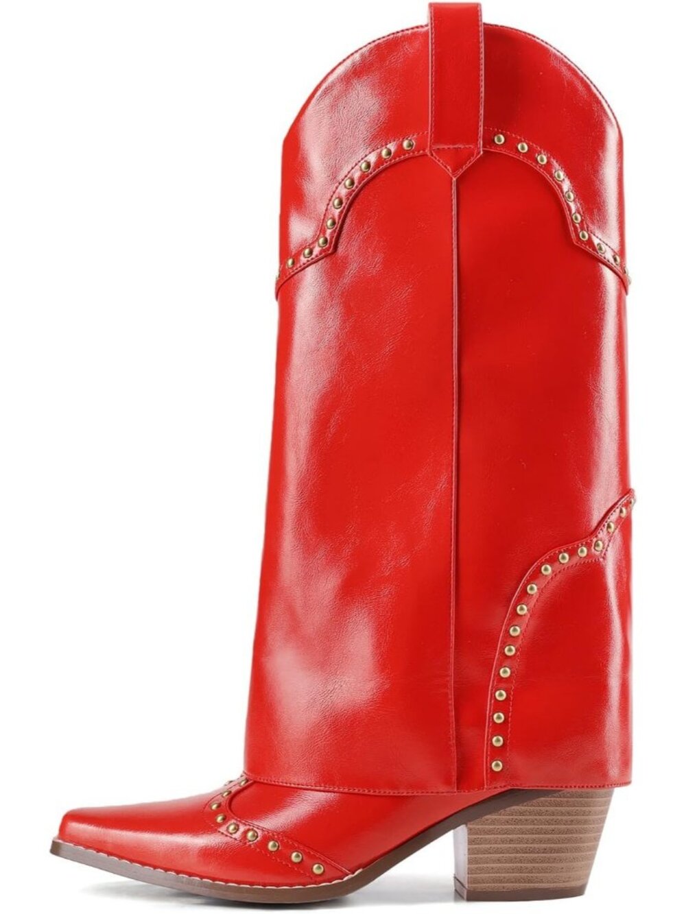 Woman's Red Patent Snip Toe Knee High Shark Chunky Heel Cowgirl Western Boots - Picture 3 of 5